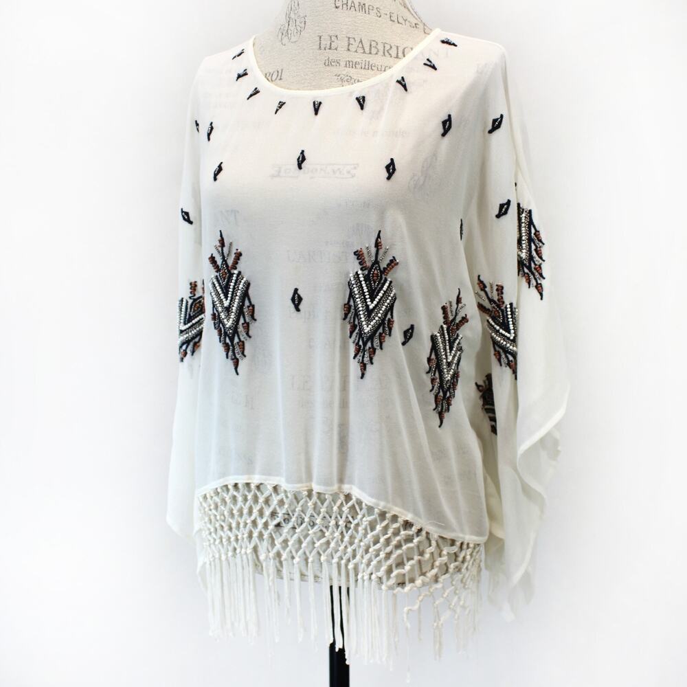 Single Los Angeles Southwest Aztec Beads top poncho blouse beach tassels Small